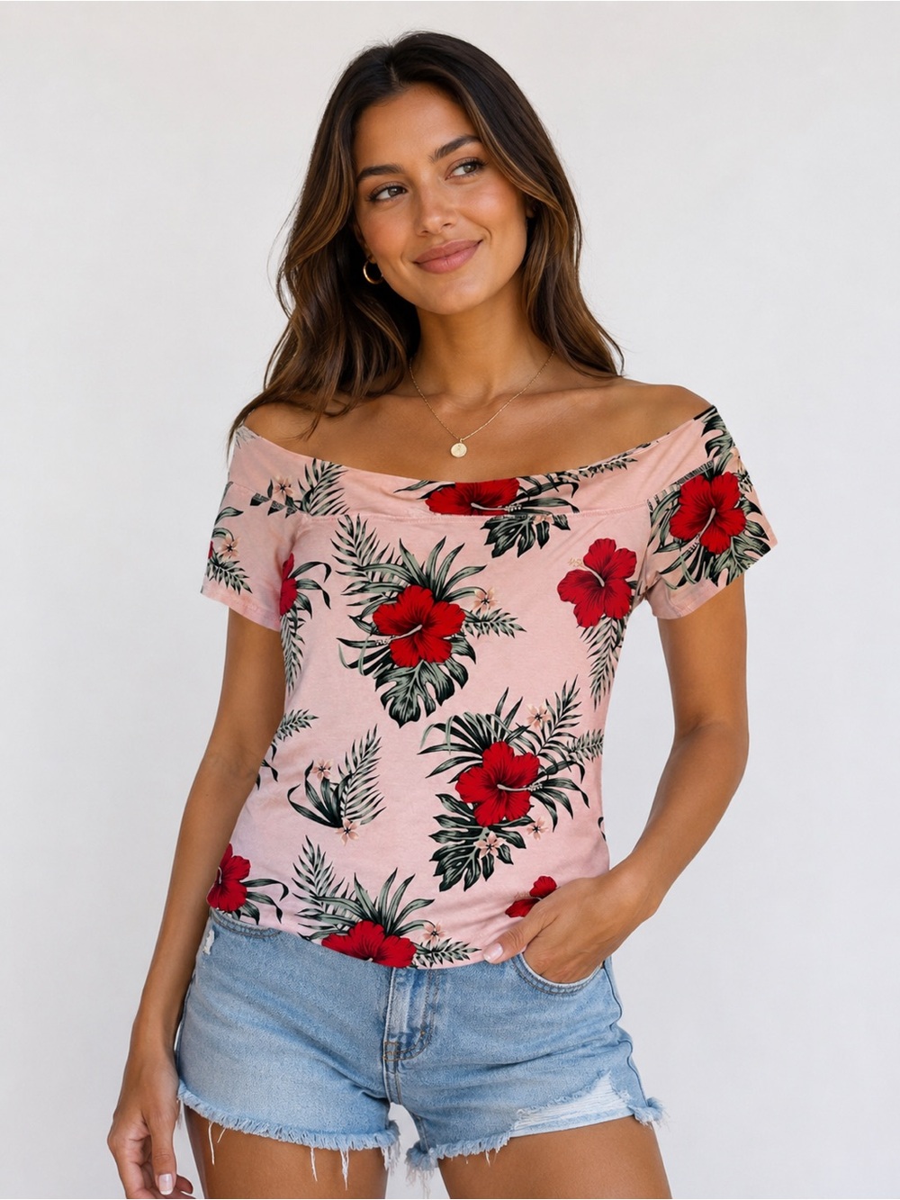 Off-Shoulder Floral Top in Blush Pink Guess Size M